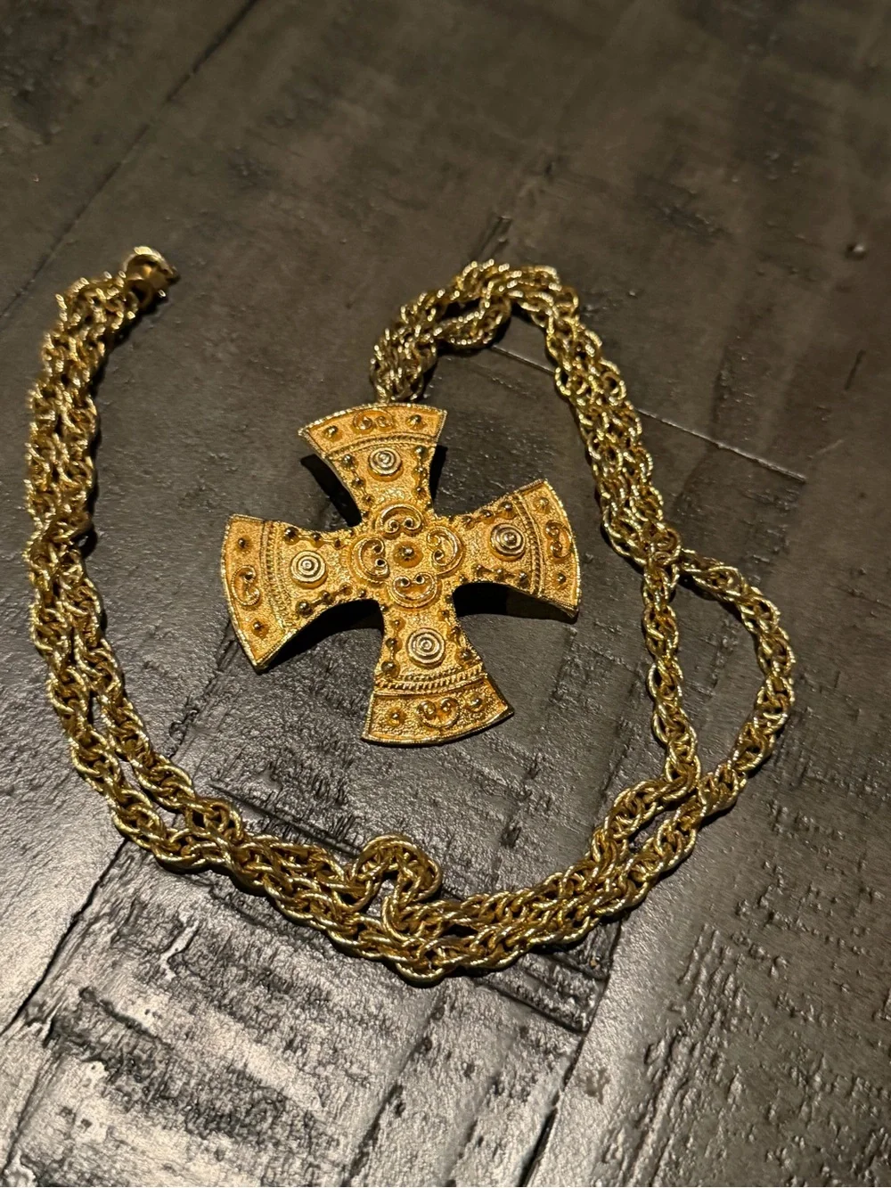 Gold-Tone Vintage Ornate Cross Pendant Necklace